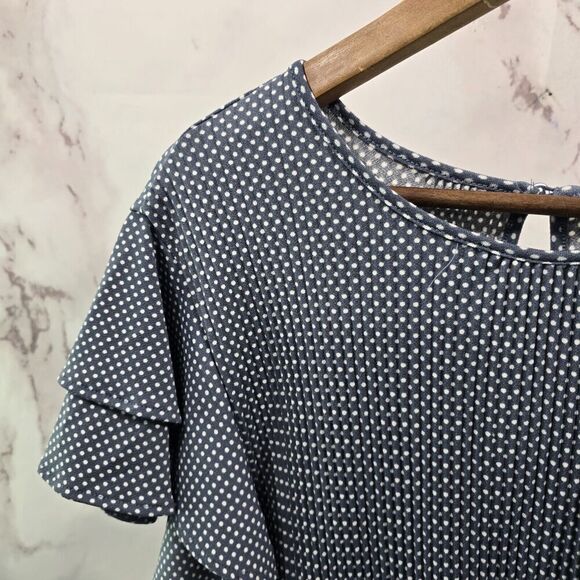 Adrianna Papell Shirt Womens XL Navy White Spot Dot Blouse Double Sleeve Ruffle - Picture 2 of 10